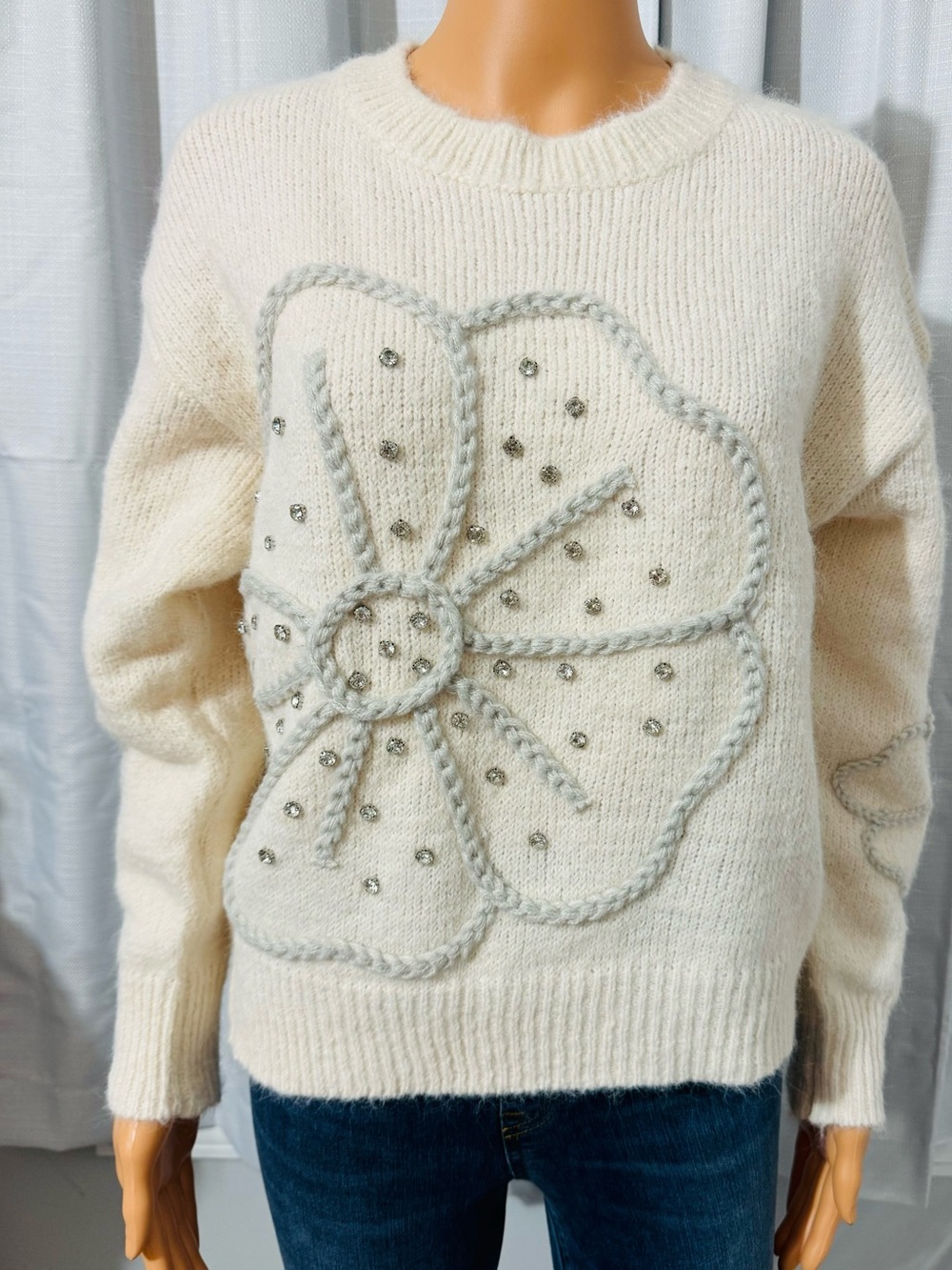 Pretty Rain size S cream gray embroidered embellished pullover sweater new